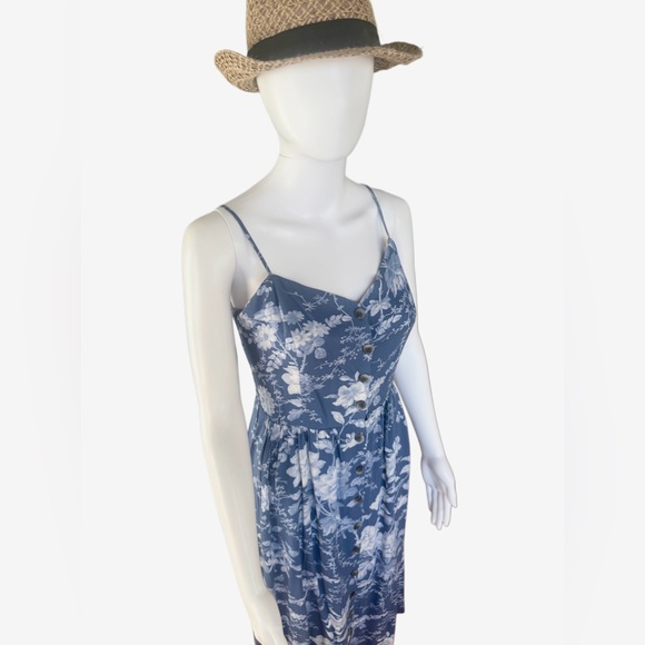 H&M Women’s Blue Floral Button Up Midi Dress w/ Adj Spaghetti Straps - size 10 - Picture 2 of 9